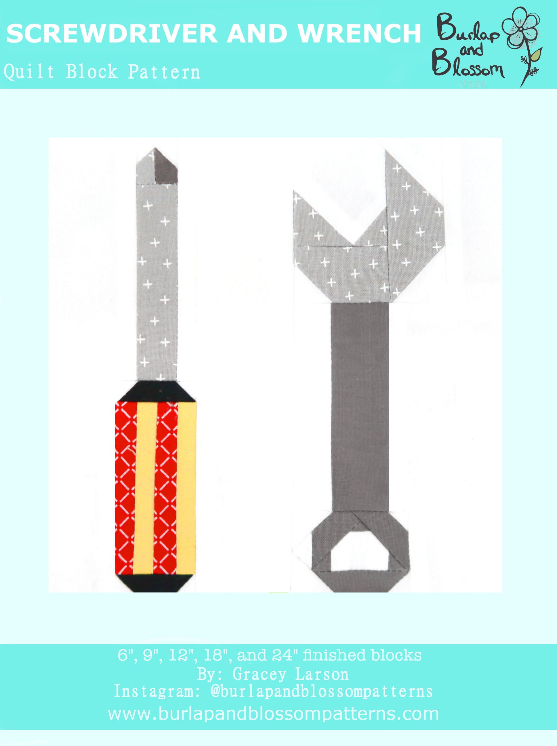 Pattern, Screwdriver & Wrench Quilt Block by Burlap and Blossom (digital download)