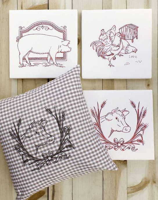 Embroidery Iron-On Transfers, Farm Fresh SET 1 - Pig, Rooster & Chickens, and Cow