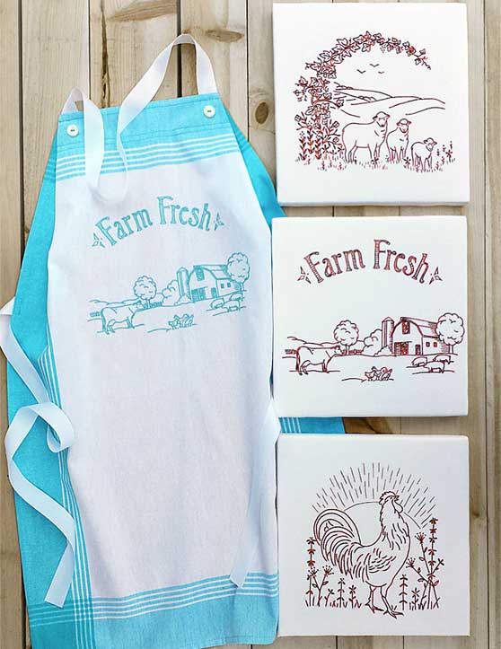 Embroidery Iron-On Transfers, Farm Fresh SET 2 - Sheep, Barn & Rooster