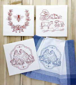 Embroidery Iron-On Transfers, Farm Fresh SET 3 - Bee, Cows, & Chicken with Chicks