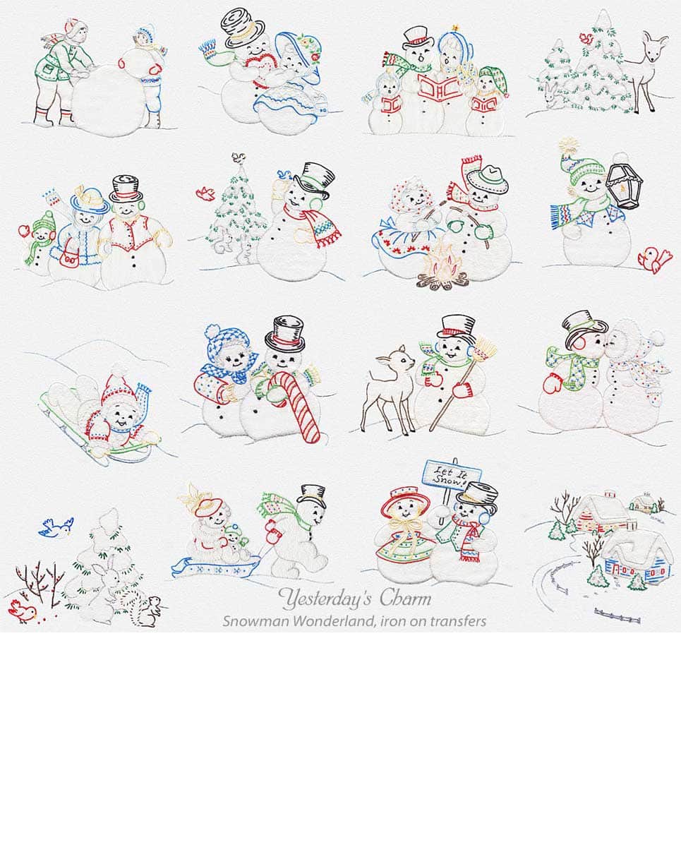 Embroidery Iron-On Transfers, Vintage-Styled Snowman Wonderland