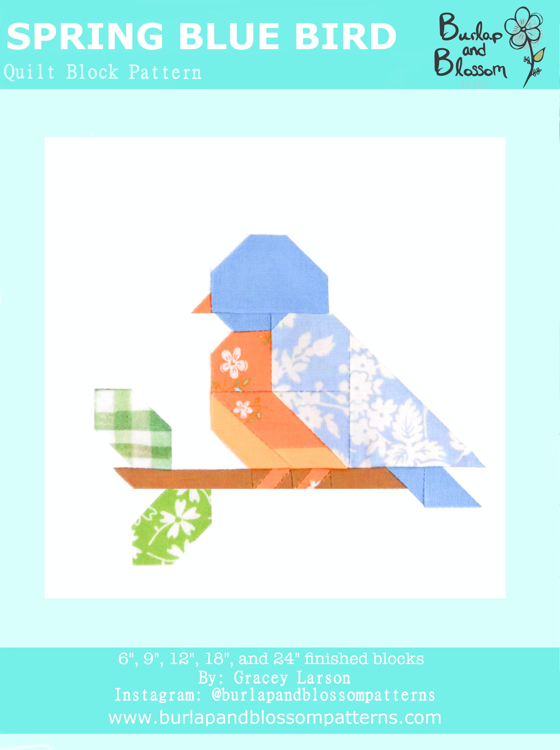 Pattern, Spring Blue Bird Block by Burlap and Blossom (digital download)