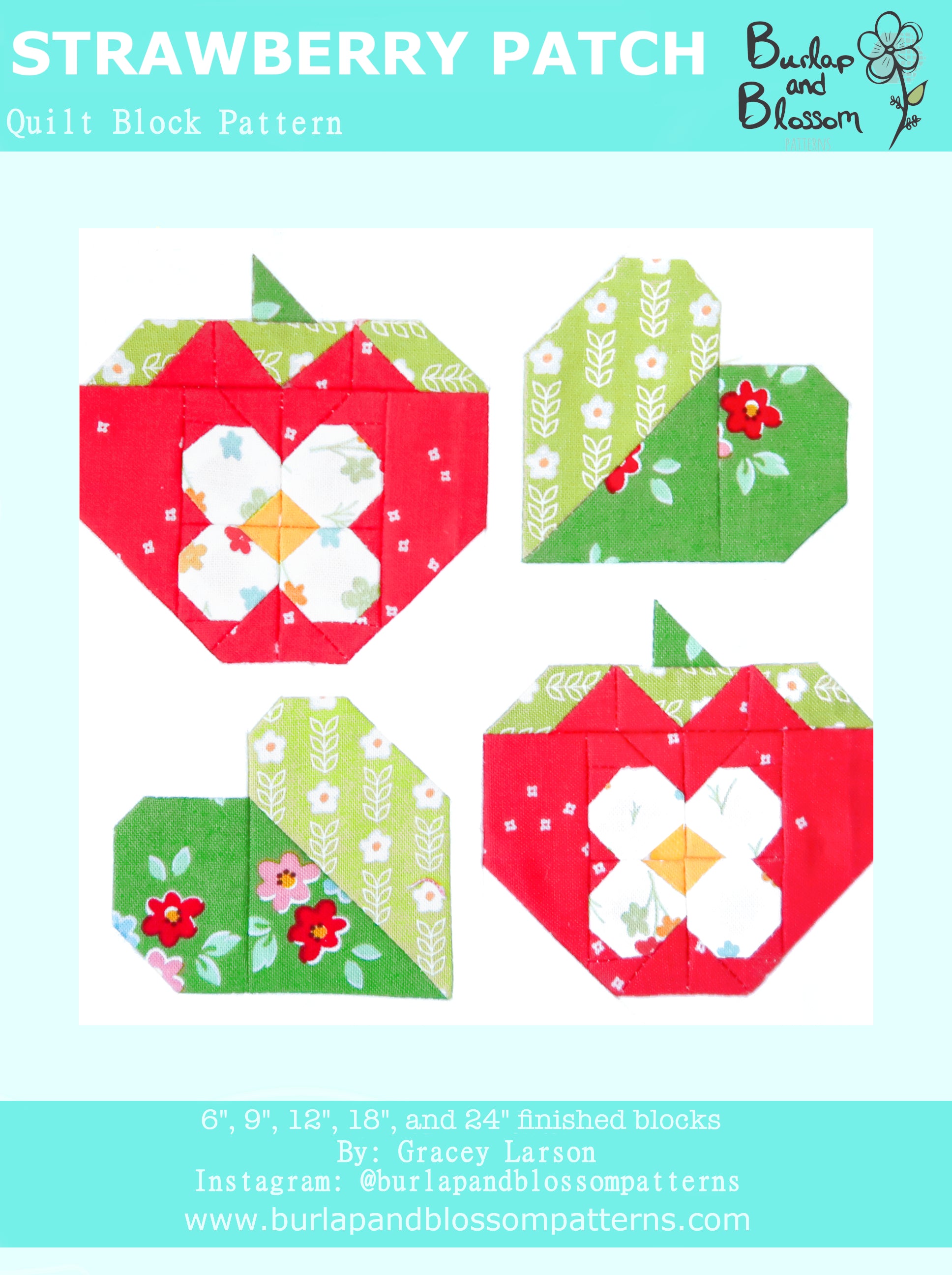 Pattern, Strawberry Patch Quilt Block by Burlap and Blossom (digital download)