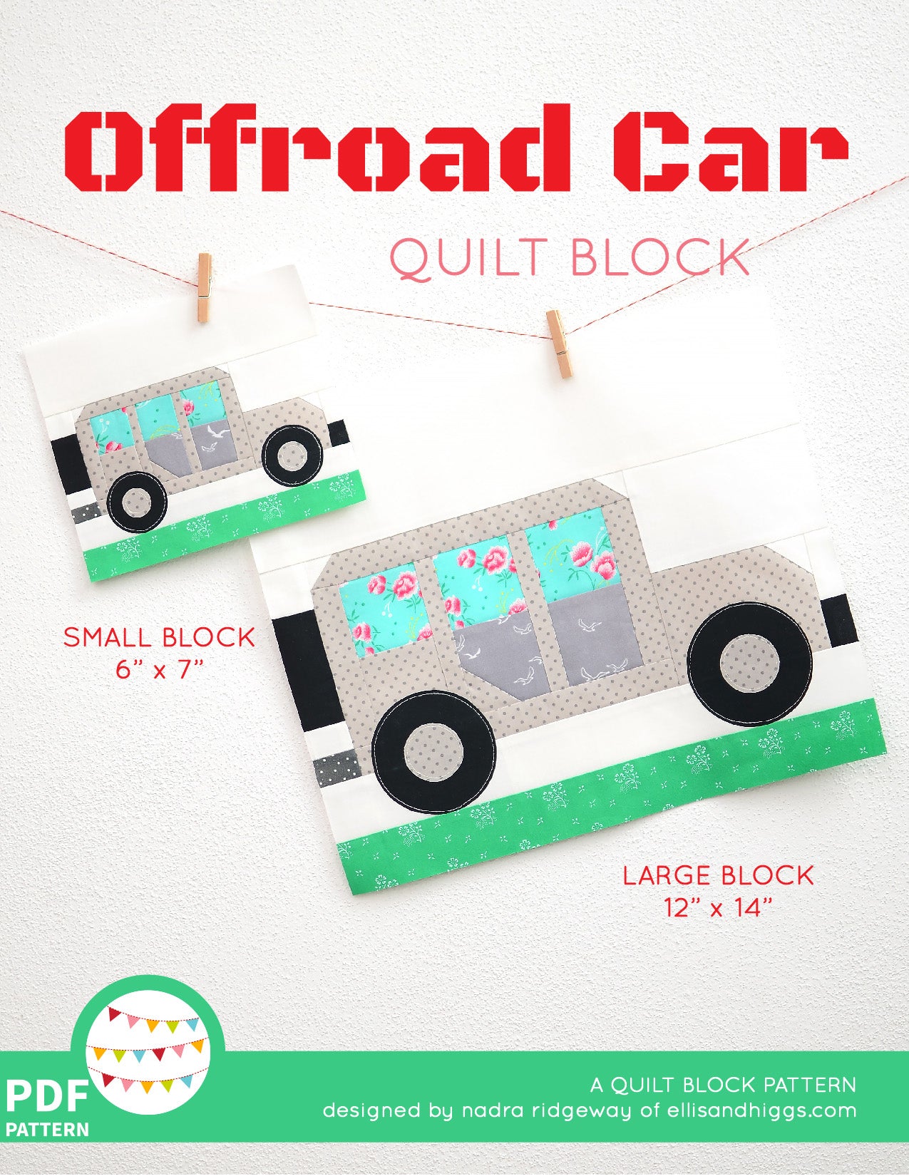 Pattern, Offroad Car Quilt Block by Ellis & Higgs (digital download)