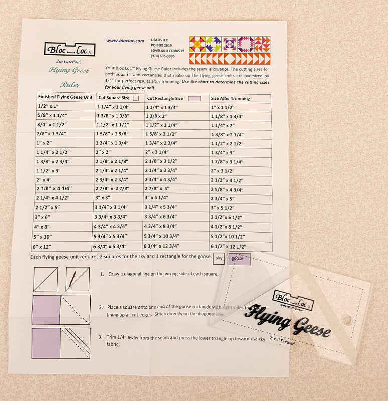 Flying Geese "BLOC LOC" Ruler with Squaring-Up Groove 2.5" x 4.5" (2" x 4" finished)