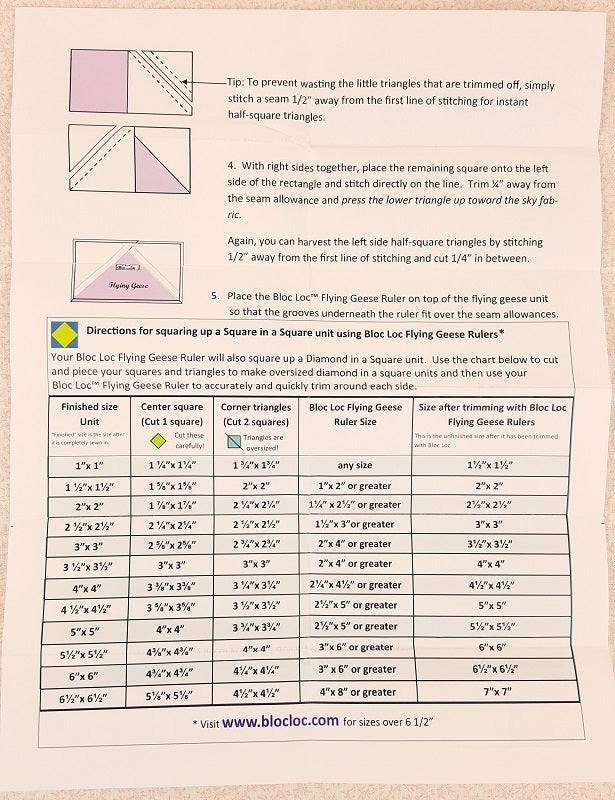 Flying Geese "BLOC LOC" Ruler with Squaring-Up Groove 2.5" x 4.5" (2" x 4" finished)