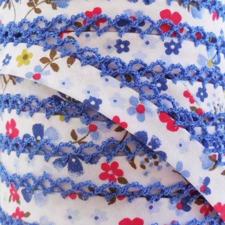 LACE BIAS TAPE, BLUE FLORAL Double Fold Crochet Edge (by the yard)