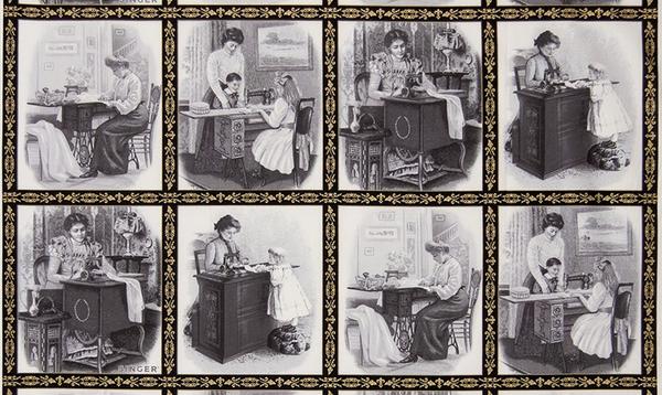 Fabric, Singer Featherweight Sewing Machines - Postcards Panel - Framed (Black & White) (Discontinued)