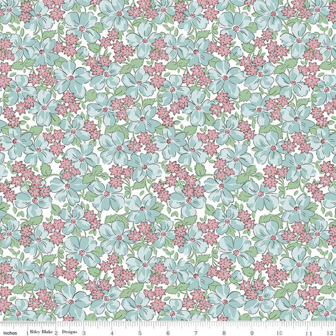 Fabric, Easter Parade by Lindsay Wilkes  -  FLOWERS AQUA (by the yard)