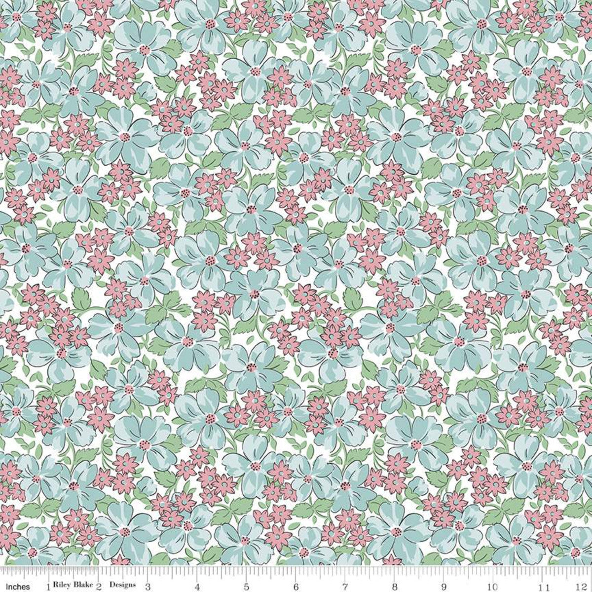 Fabric, Easter Parade by Lindsay Wilkes  -  FLOWERS AQUA (by the yard)