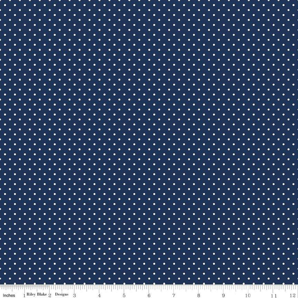Fabric, SWISS DOT WHITE ON NAVY BASIC by Riley Blake  (by the yard)
