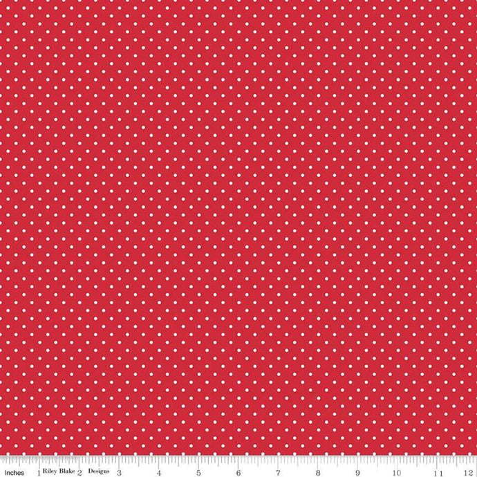 Fabric, SWISS DOT WHITE ON RED BASIC by Riley Blake  (by the yard)