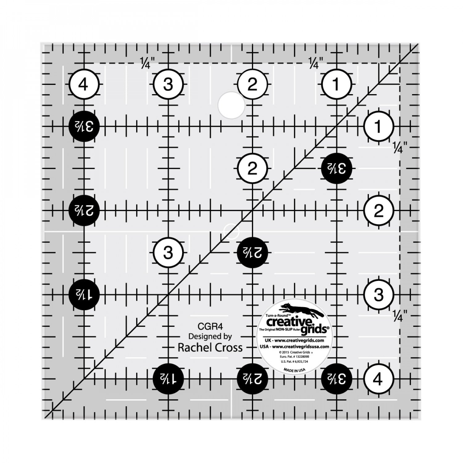 Cutting Ruler, CREATIVE GRIDS Turn Around Square 4 1/2" x 4 1/2" (with self-grips)