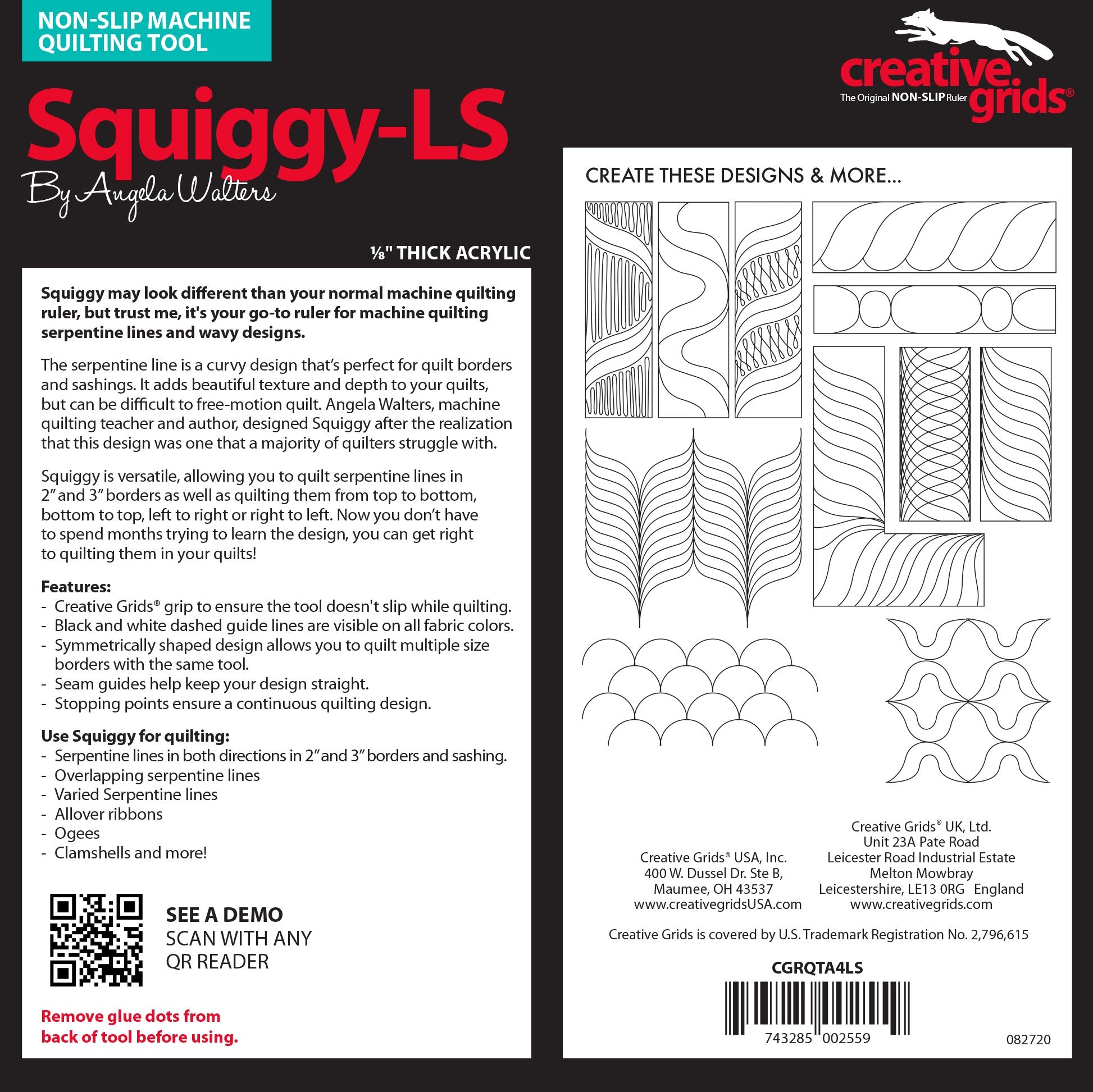 Quilting Ruler, Creative Grids SQUIGGY for Modern Low Shank Machines