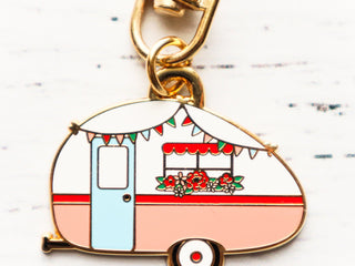 Load image into Gallery viewer, Keyring &amp; Keychain Enamel Charm, RETRO CAMPER by Flamingo Toes