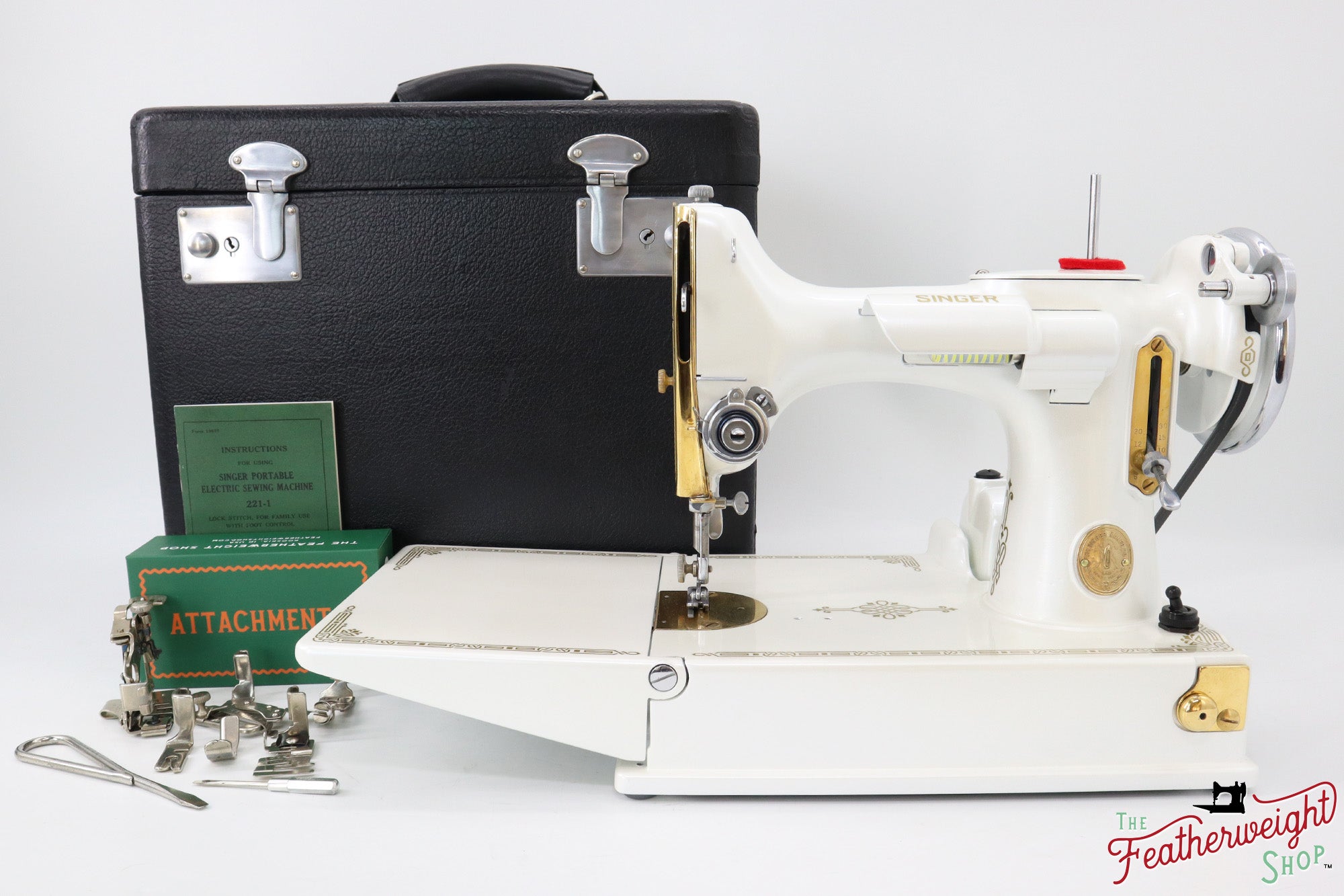 Singer Featherweight 221, AD883*** - Fully Restored in Cloud, Gold-Plated!