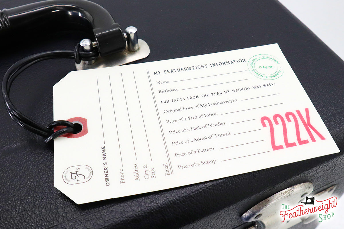 Luggage tag for Singer Featherweight 222