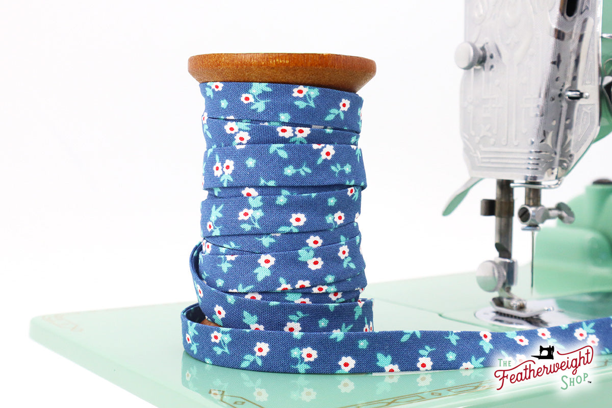 denim blue blossom spool bias tape