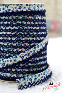 LACE BIAS TAPE, WOODLAND NAVY Double Fold Crochet Edge  (SOLD BY THE YARD)