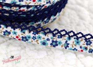 LACE BIAS TAPE, WOODLAND NAVY Double Fold Crochet Edge  (SOLD BY THE YARD)