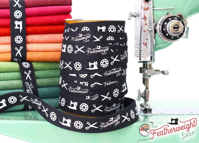 Twill Tape, BLACK, Featherweight Shop Ribbon featuring the Singer 221, Bobbins and Scissors (sold by the yard)