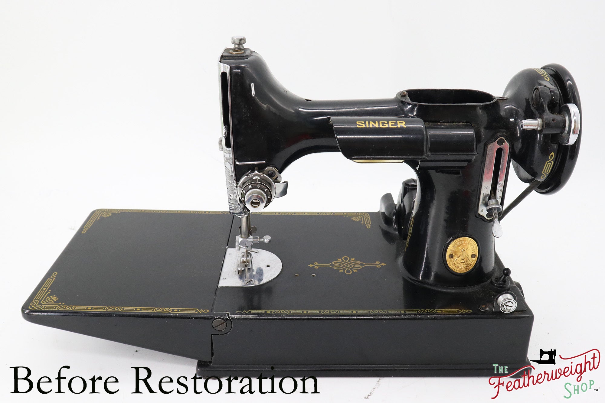 Singer Featherweight 221K Sewing Machine EF5648**, RARE Great Britain Decal - Fully Restored in Gloss Black