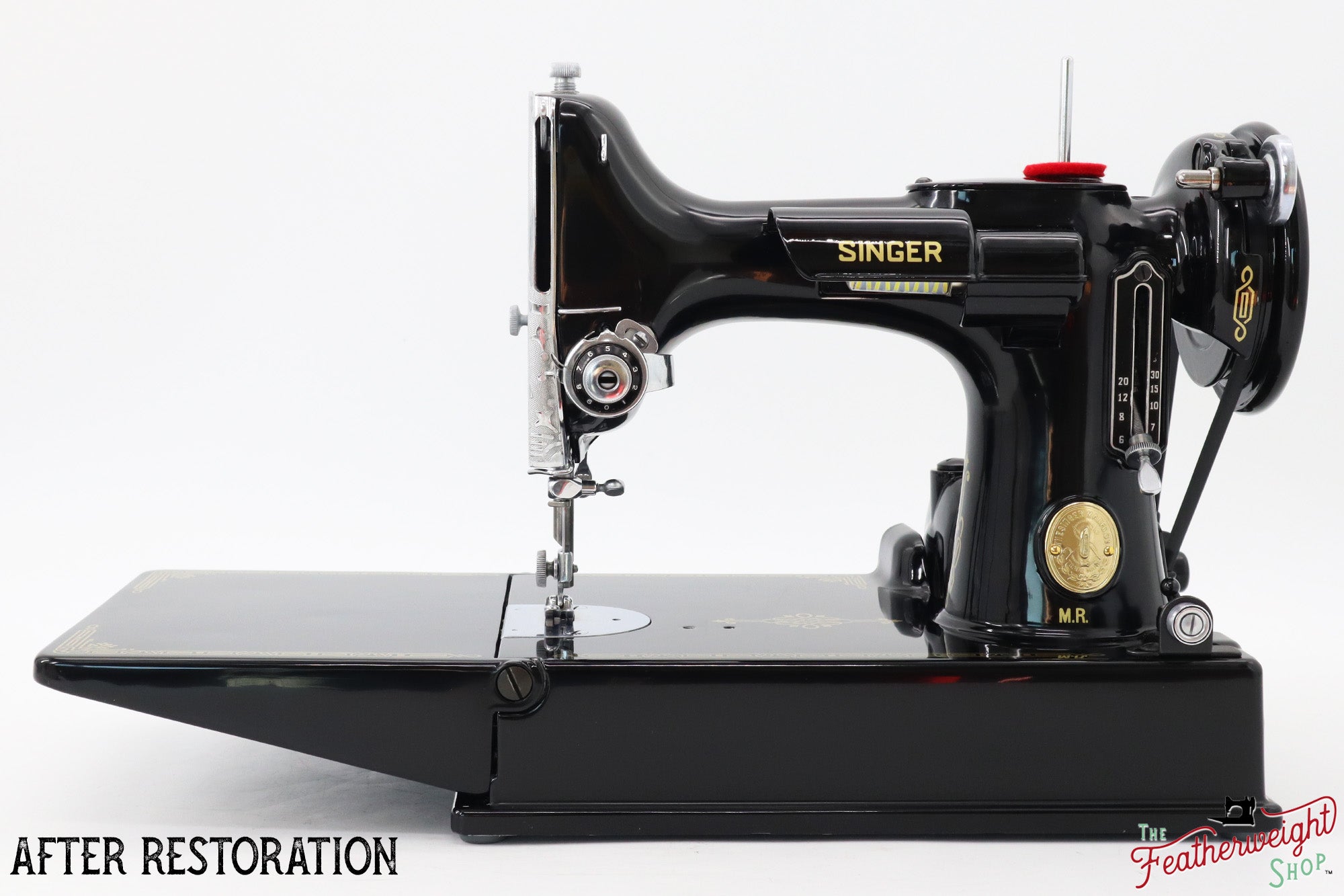 Singer Featherweight 221 Sewing Machine AJ010***, RARE M.R. Decal - Fully Restored in Gloss Black