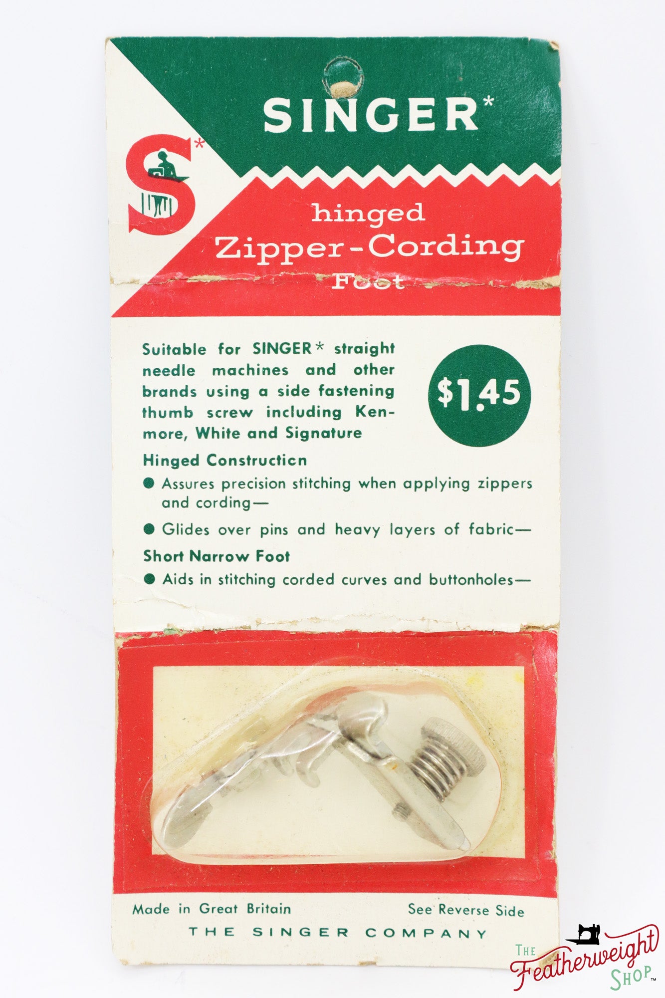 Zipper Cording Foot, Narrow - LOW Shank, Singer (Vintage Original