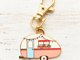 Load image into Gallery viewer, Keyring &amp; Keychain Enamel Charm, RETRO CAMPER by Flamingo Toes