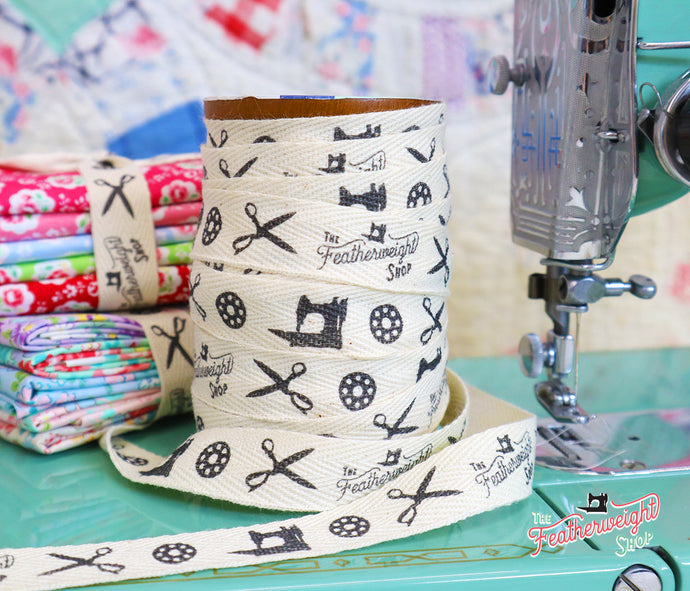 Twill Tape, Featherweight Shop Ribbon featuring the Singer 221, Bobbins and Scissors (sold by the yard)