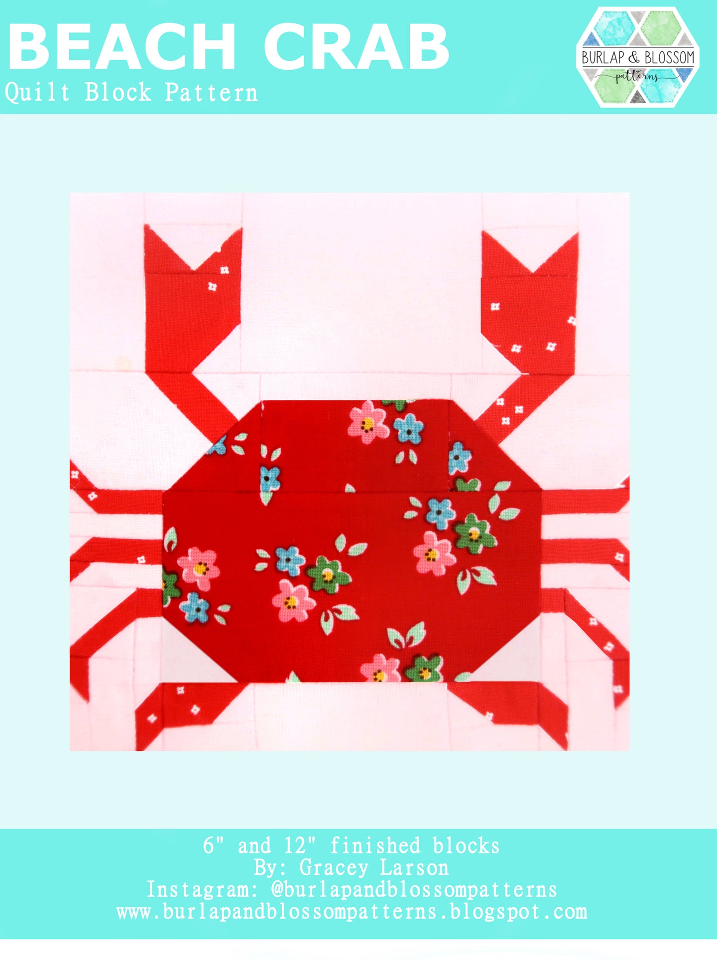 Pattern, Beach Crab Quilt Block by Burlap and Blossom (digital download)
