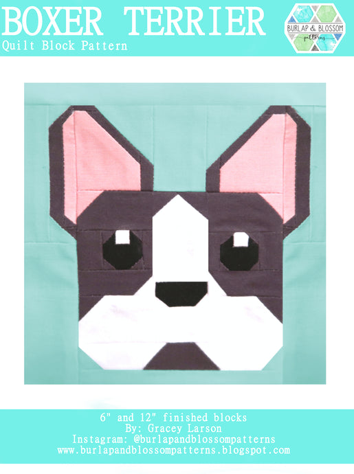 Pattern, Boston Terrier Dog Quilt Block by Burlap and Blossom (digital download)