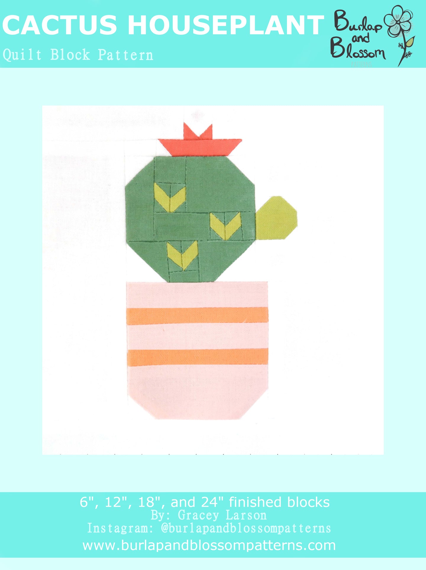 Pattern, Cactus Houseplant Quilt Block by Burlap and Blossom (digital download)