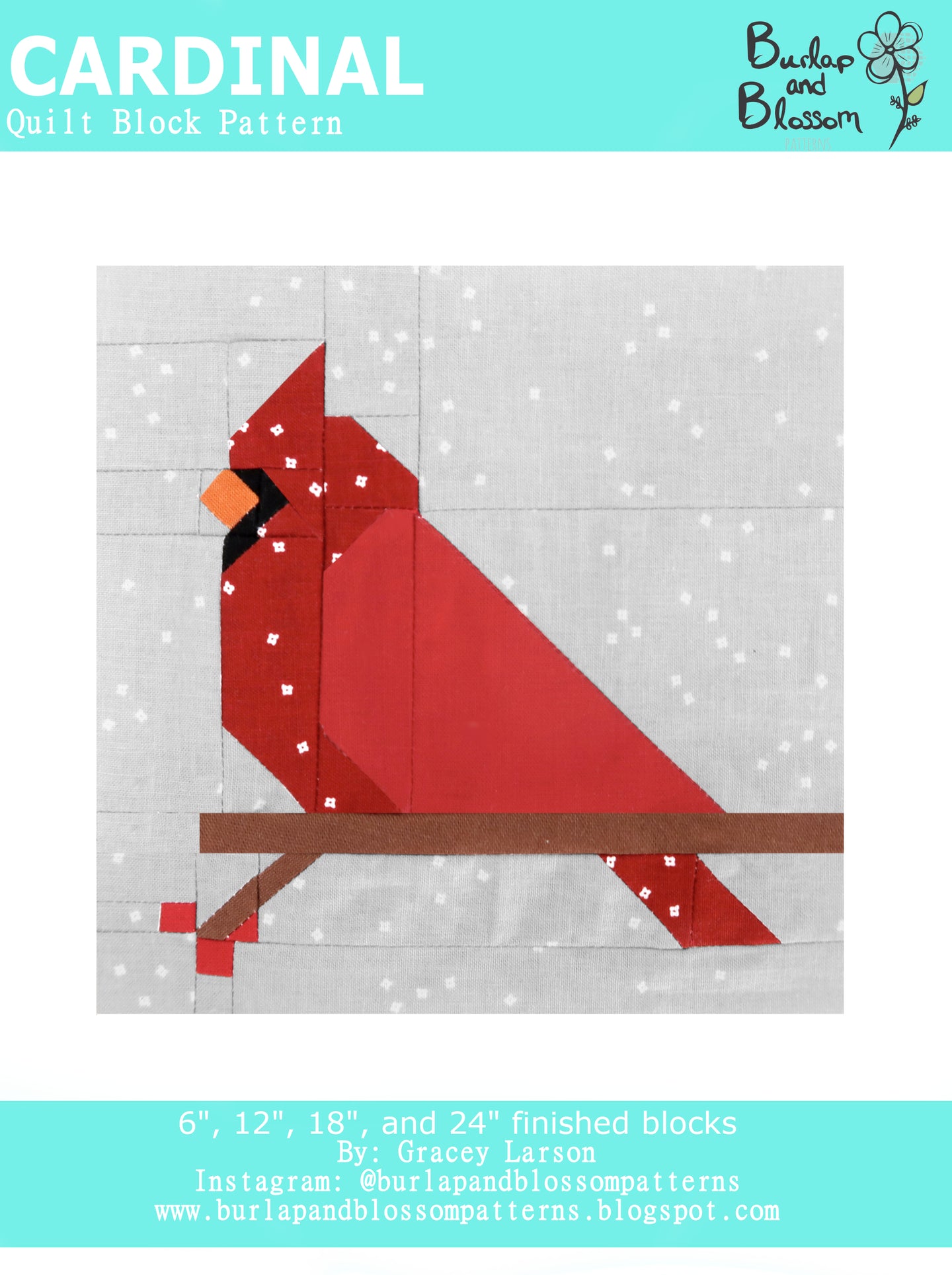 Pattern, Cardinal Bird Quilt Block by Burlap and Blossom (digital download)