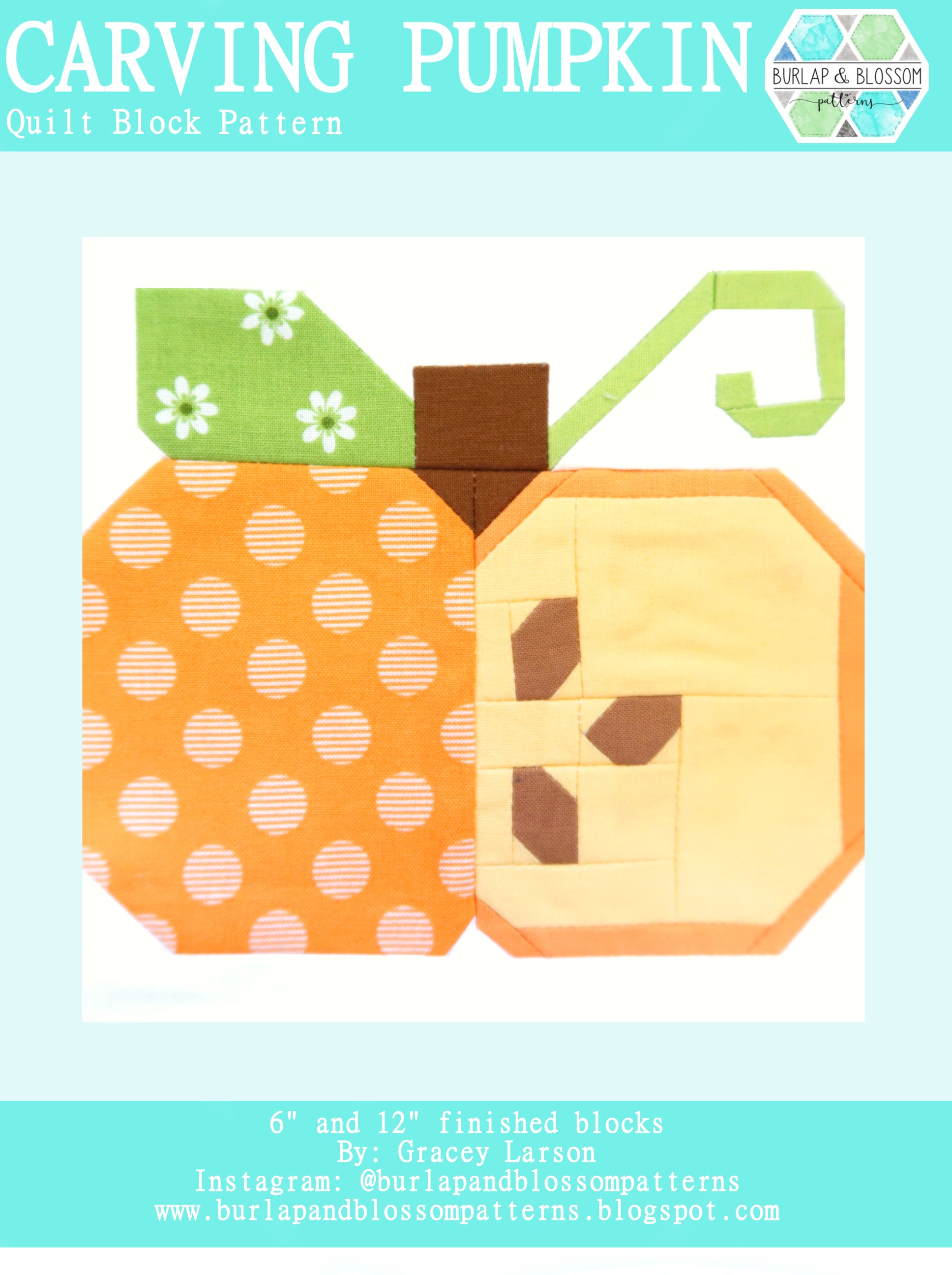 Pattern, Carving Pumpkin Quilt Block by Burlap and Blossom (digital download)