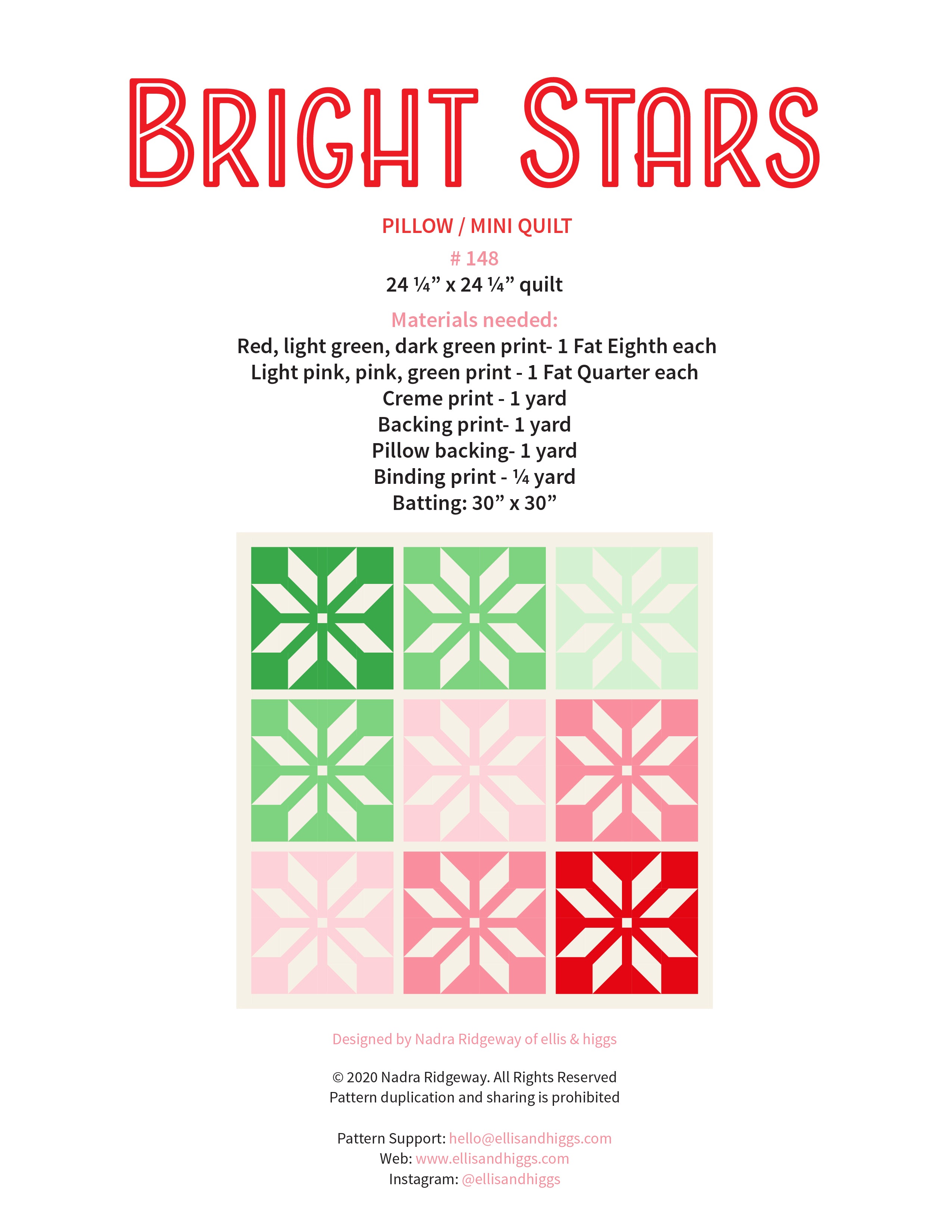 Pattern, Bright Stars Mini Quilt / Pillow by Ellis & Higgs (digital download)