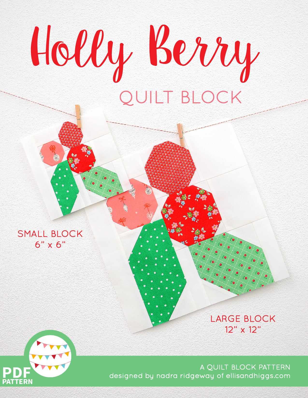 Pattern, Holly Berry Quilt Block by Ellis & Higgs (digital download)