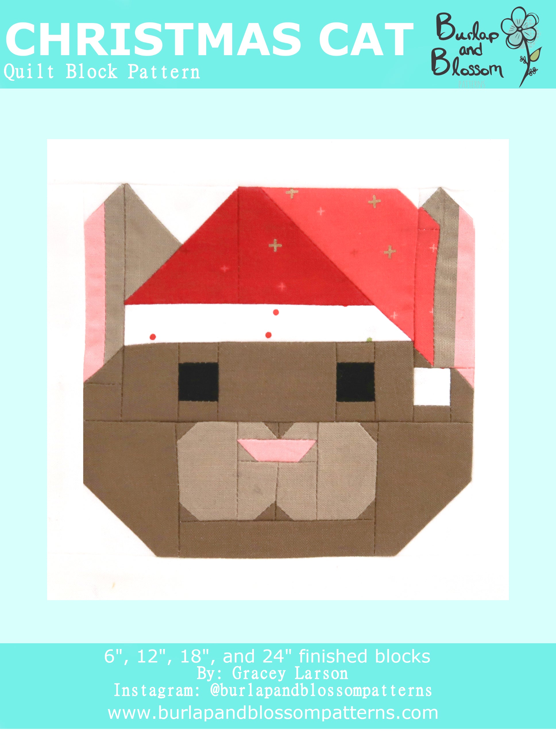 Pattern, Christmas Cat Quilt Block by Burlap and Blossom (digital download)