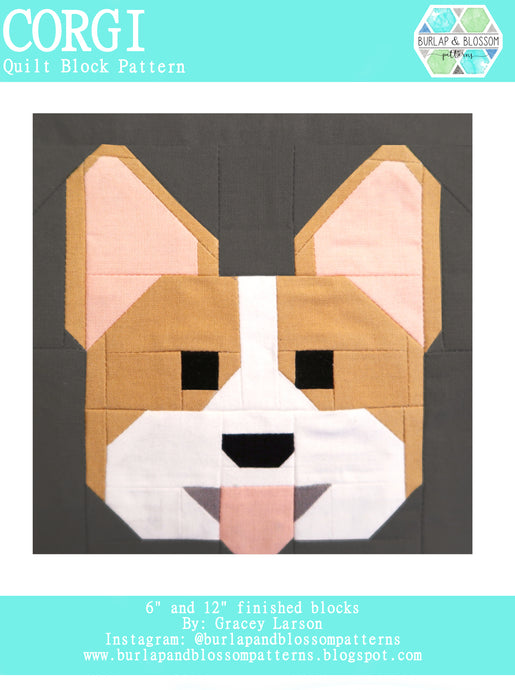 Pattern, Corgi Dog Quilt Block by Burlap and Blossom (digital download)