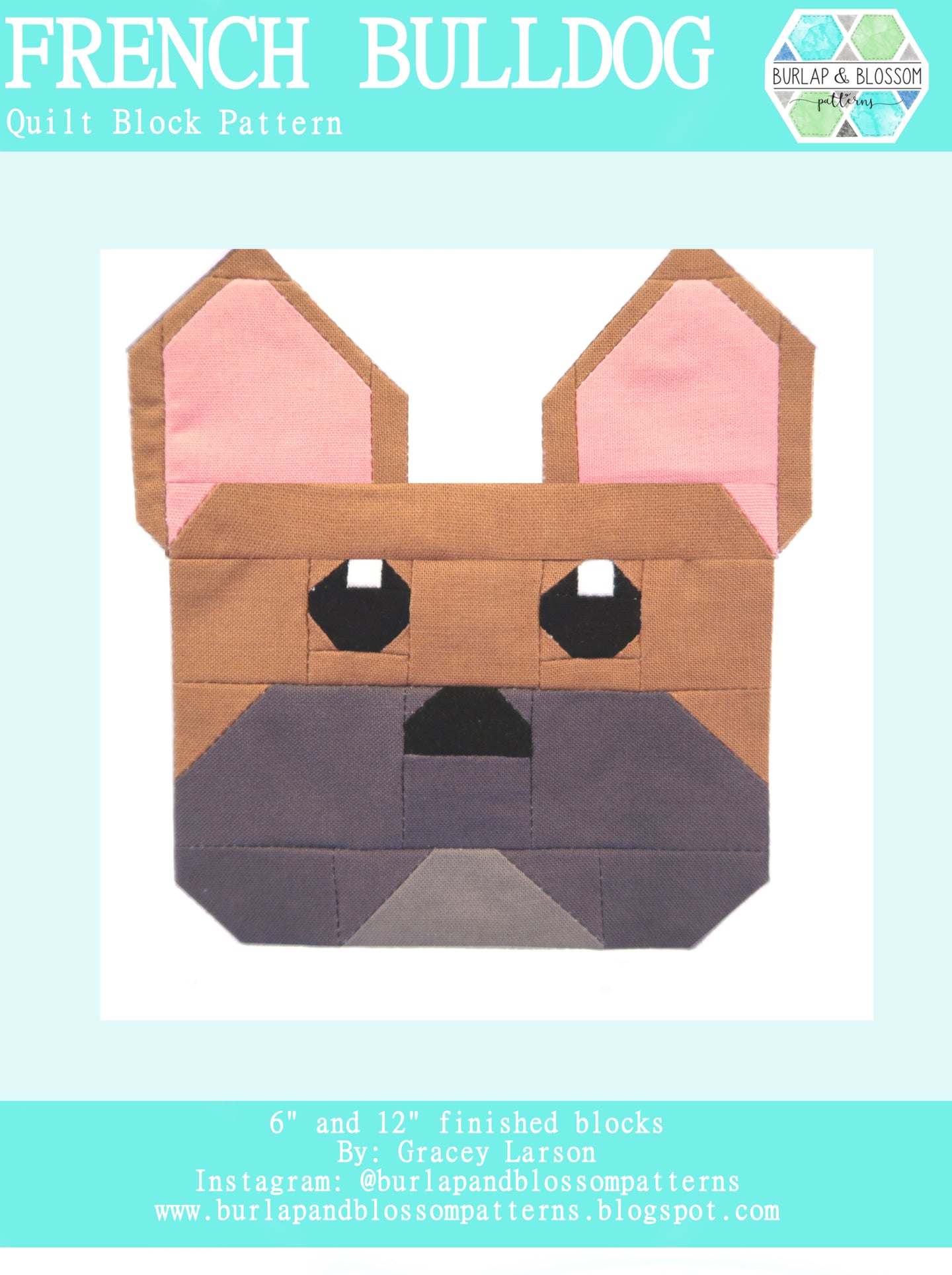 Pattern, French Bull Dog Quilt Block by Burlap and Blossom (digital download)