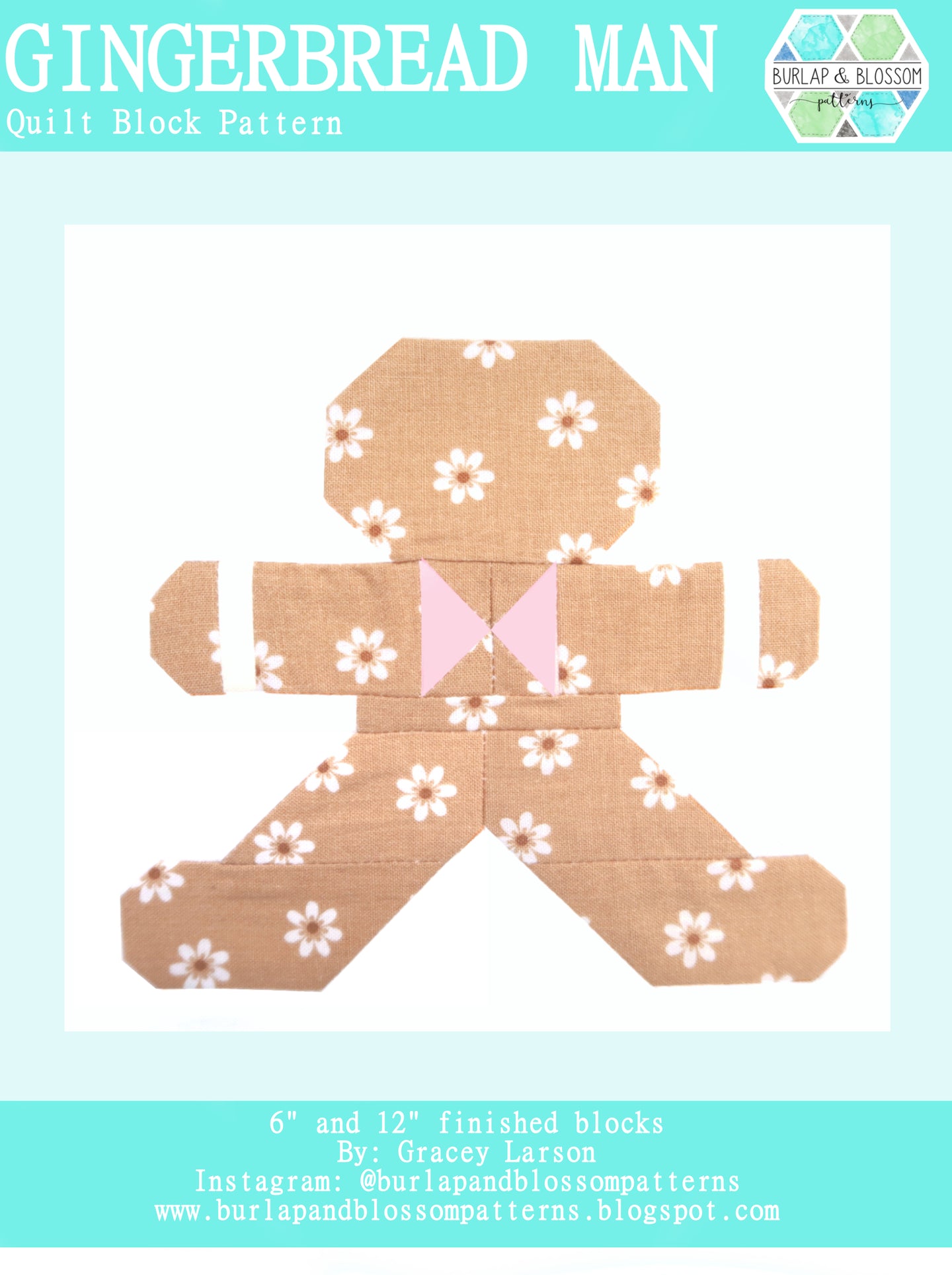 Pattern, Gingerbread Man Quilt Block by Burlap and Blossom (digital download)