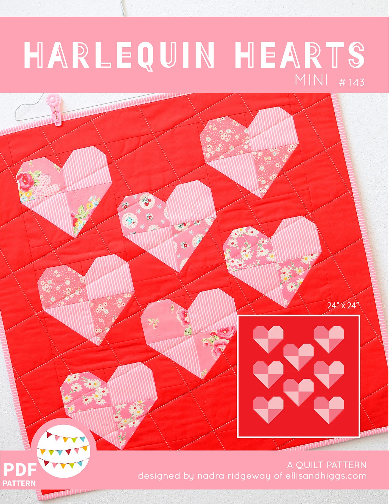 Pattern, Harlequin Hearts MINI Quilt by Ellis & Higgs (digital download)