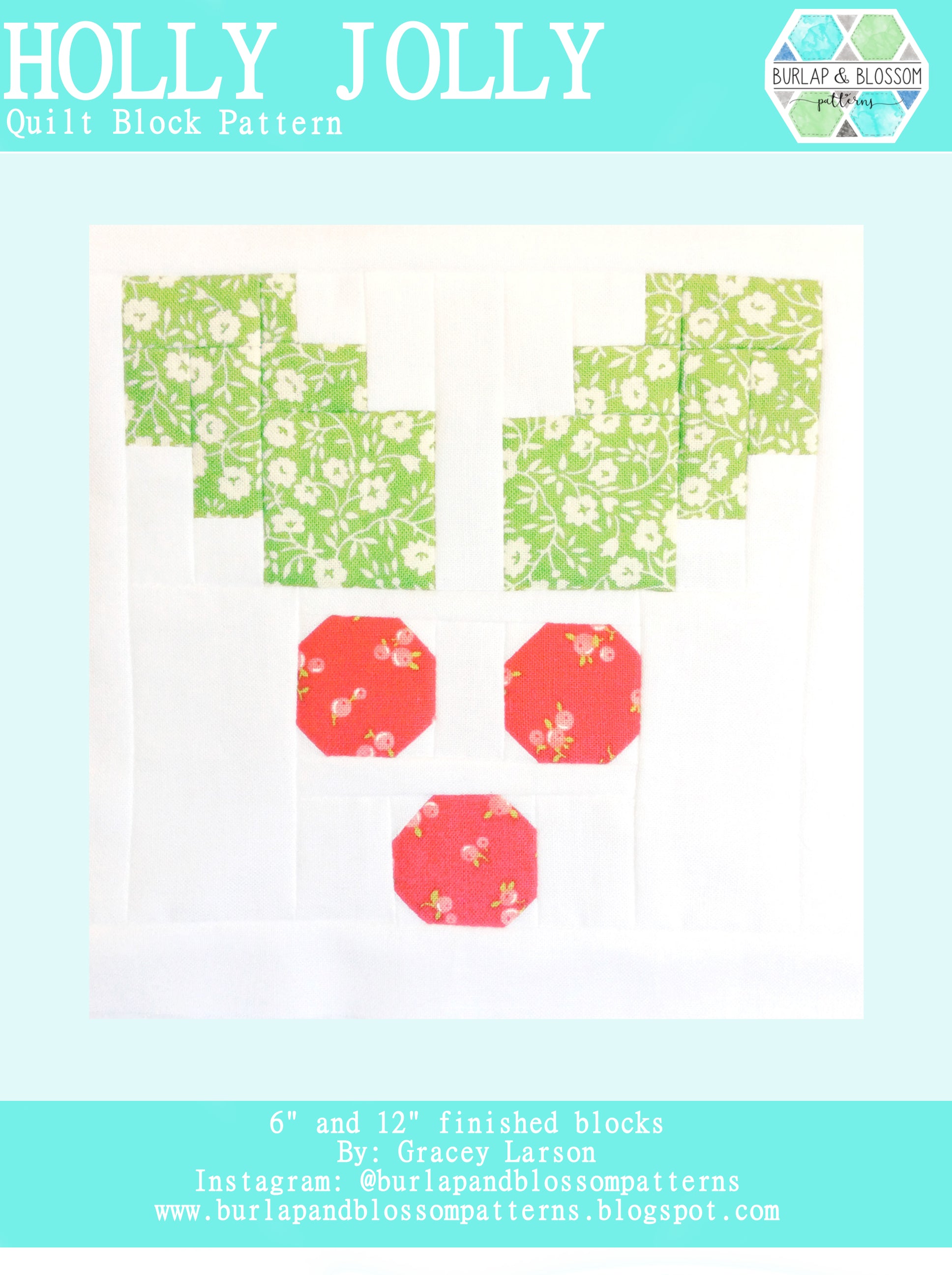 Pattern, Holly Jolly Quilt Block by Burlap and Blossom (digital download)