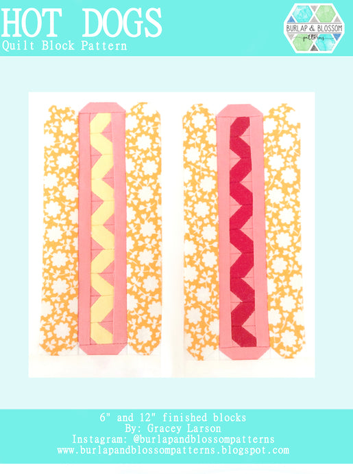 Pattern, Hot Dogs Quilt Block by Burlap and Blossom (digital download)