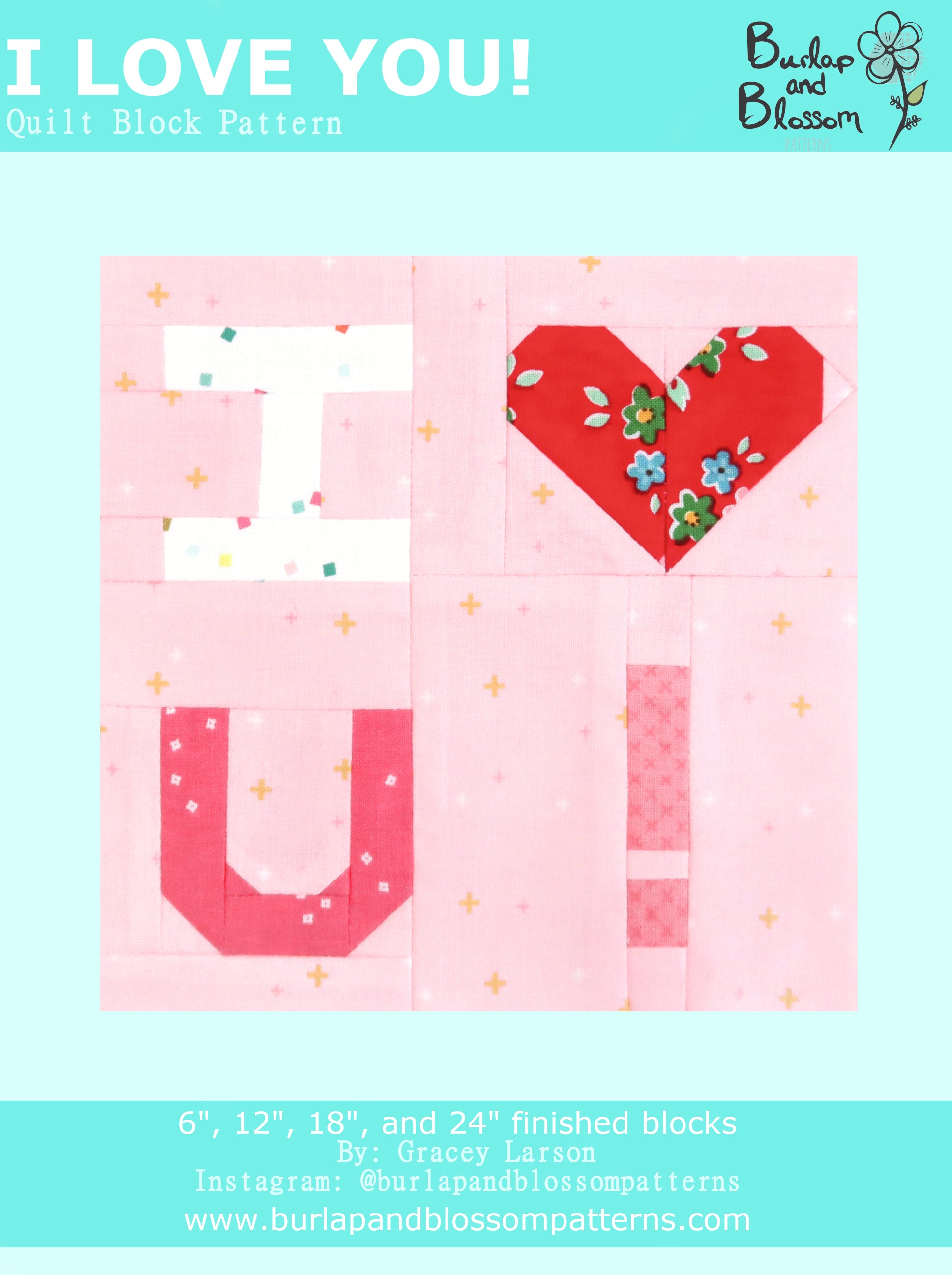 i love you digital download quilt block pattern