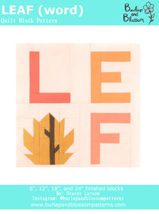 Pattern, Leaf Word Quilt Block by Burlap and Blossom (digital download)