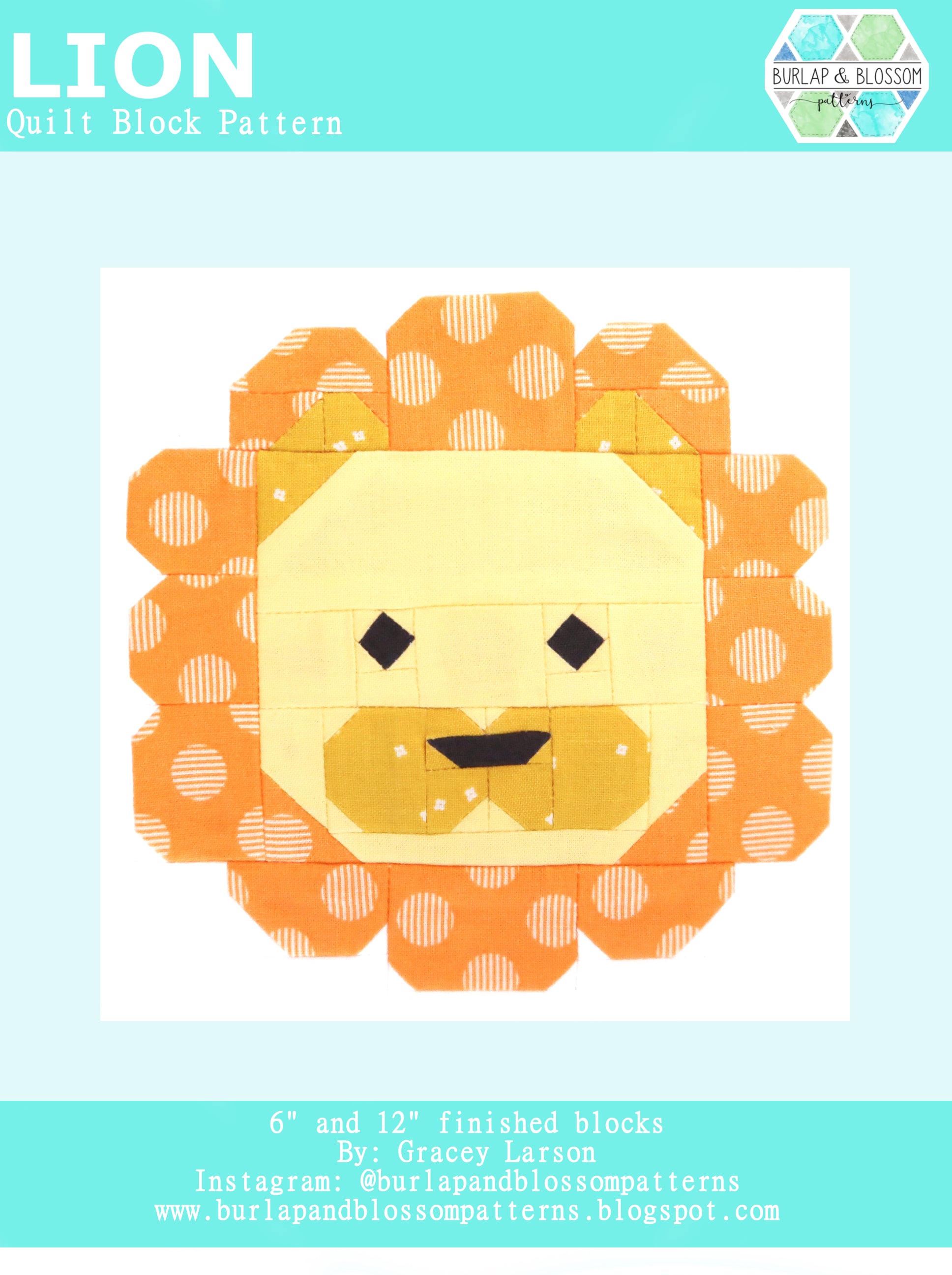 Pattern, Lion Quilt Block by Burlap and Blossom (digital download)