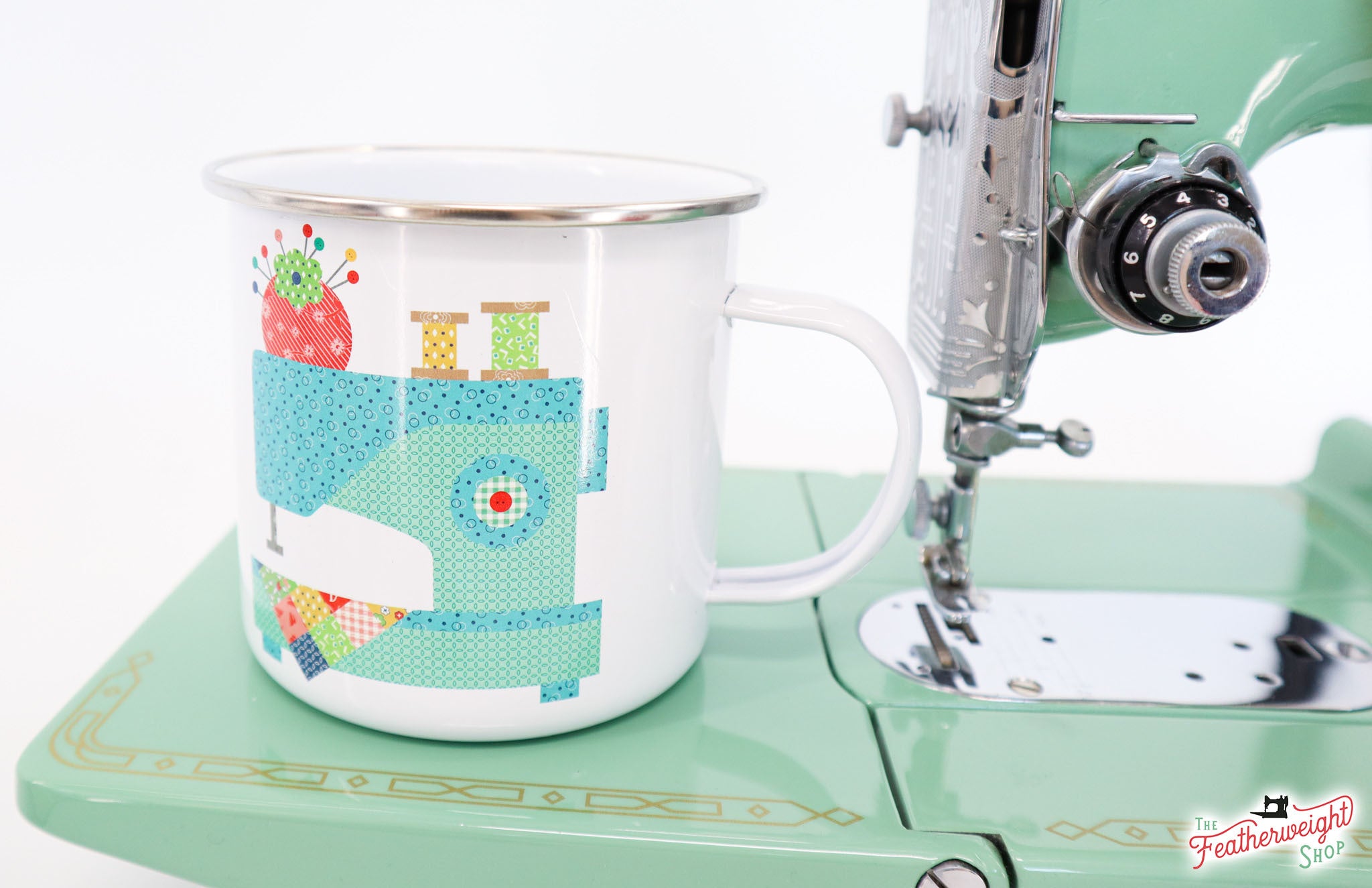 Mug, Vintage Happy 2 Sewing Machine Enamel Tin Mug by Lori Holt of Bee in my Bonnet