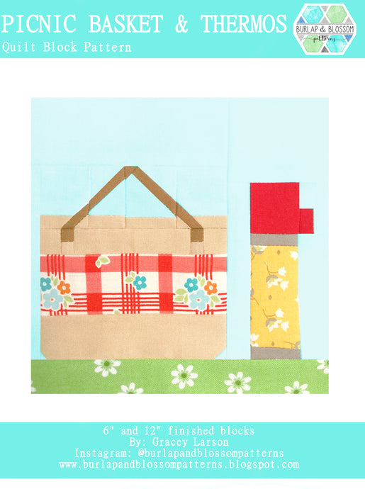 Pattern, Picnic Basket and Thermos Quilt Block by Burlap and Blossom (digital download)