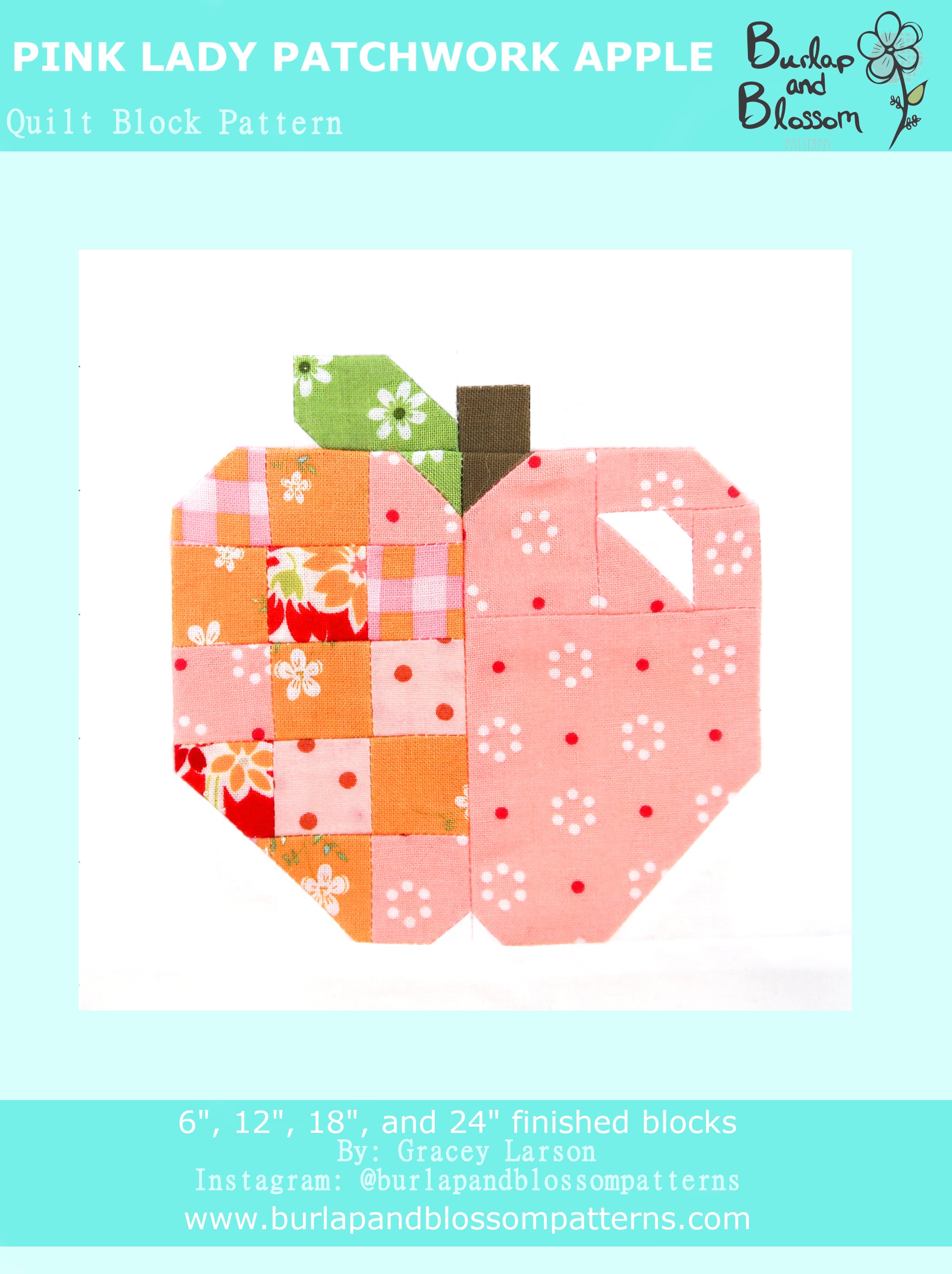Pattern, Pink Lady Patchwork Apple Quilt Block by Burlap and Blossom ...